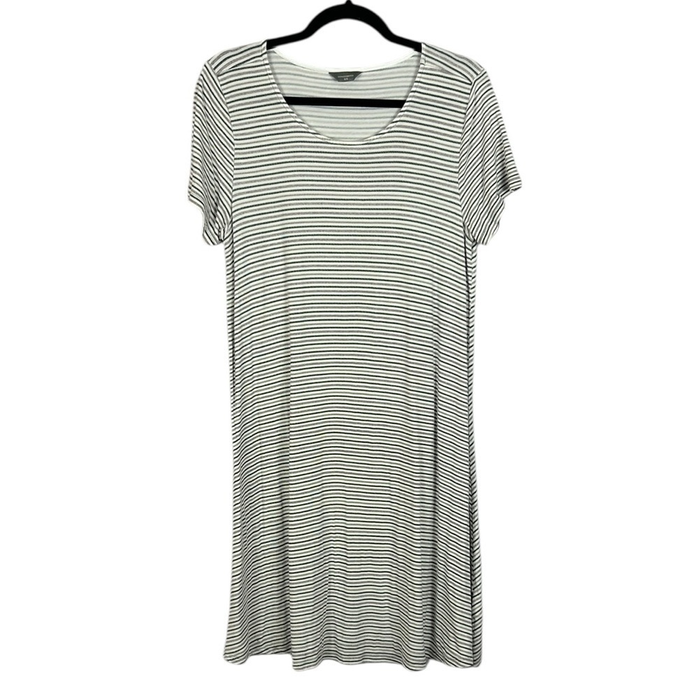Denver Hayes Casual Athleisure Striped Short Sleeve Round Neck Dress Medium Grey